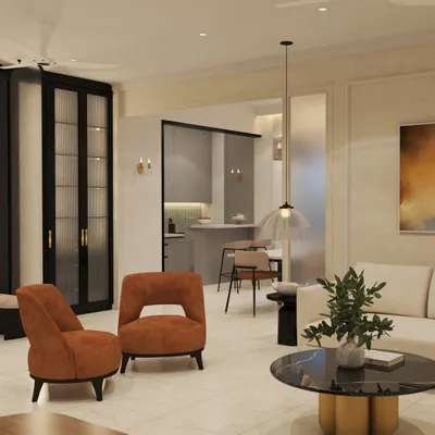 A proposed design for "The Beige House," a 3BHK flat in Basavanagudi. This view shows the living area with burnt orange accent chairs and a clear glass partition offering a glimpse into the kitchen, creating a sense of open, connected living.
