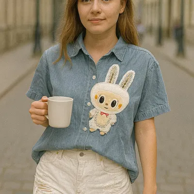 Our short-sleeved denim shirt with a large, textured Labubu bunny patch is a true statement piece. The detailed embroidery makes this more than just a shirt; it's a piece of collectible fashion.