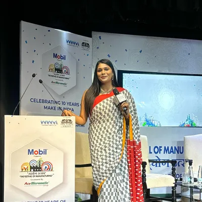 On stage hosting the 10-year celebration of 'Make in India', a flagship initiative of the Government of India. I am honored to be a part of events that celebrate our nation's progress.