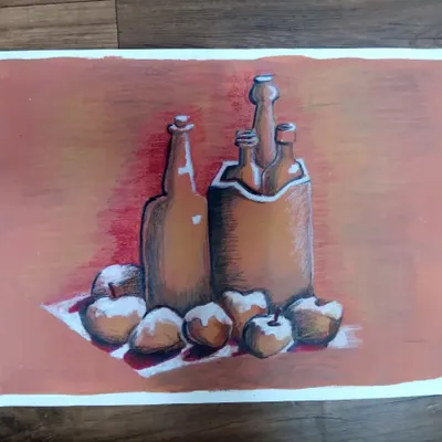 An advanced still life study by Anaya, a 9th standard student. This mixed-media piece focuses on capturing the effect of light on different objects and surfaces.