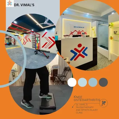 This graphic collage shows our clinic environment alongside a demonstration of a step-up exercise, a key movement for strengthening the muscles around the knee to manage osteoarthritis symptoms.