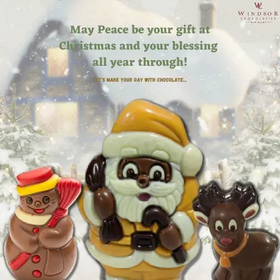 A festive trio of our Christmas-themed chocolate sculptures. This set includes a detailed Santa Claus, a snowman, and a reindeer, all handcrafted from milk, dark, and white chocolate.