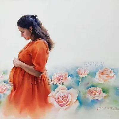 A commissioned watercolour painting celebrating the beautiful journey of motherhood. It is a privilege to capture such a personal and cherished moment for a family.