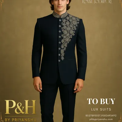 A full-length view of my dark navy blue royal Jodhpuri suit. The asymmetrical golden hand-embroidery is designed to draw the eye and create a dynamic, modern silhouette.