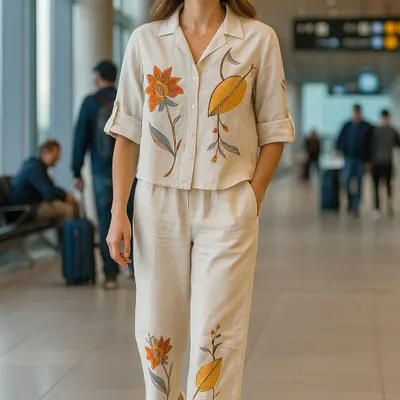 Here is a perfect example of how to travel in style and comfort. I paired these crisp white casual sneakers with a breezy linen co-ord set. These shoes are my top recommendation for airport looks or any day that involves a lot of walking, giving you a clean, put-together look without any fuss.