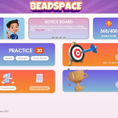 This is the dashboard of our BEADSPACE platform. Students can see their scores, access practice sheets, and participate in mock and final competitions. It’s designed to be user-friendly and highly effective for skill improvement.