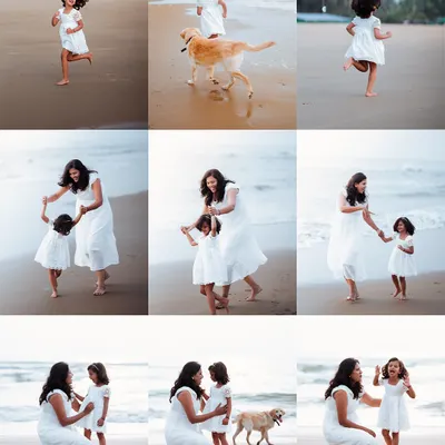 A collage showing the story of a day at the beach. From running free along the shoreline to dancing with mom and sharing secrets, this series captures the full range of emotions and interactions that make a family photoshoot special.