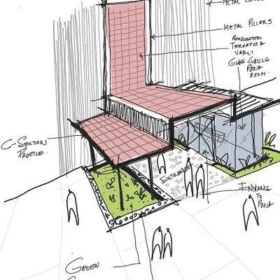 A preliminary concept sketch for a school entrance. Our idea was to redefine the space using the earthiness of terracotta and the serenity of a landscape, showing how we begin to visualize materials and form early in the process.