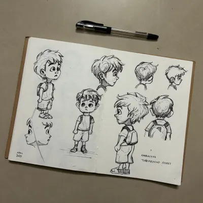 A character turnaround sheet from my sketchbook. I practice drawing characters from different angles to understand their form. This kind of foundational sketching is crucial for creating believable digital illustrations.