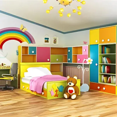 A vibrant and colorful kids' room designed to inspire creativity. This render features a rainbow wall mural, multi-colored storage cabinets, and a matching bed and desk set, creating a cheerful and organized space.