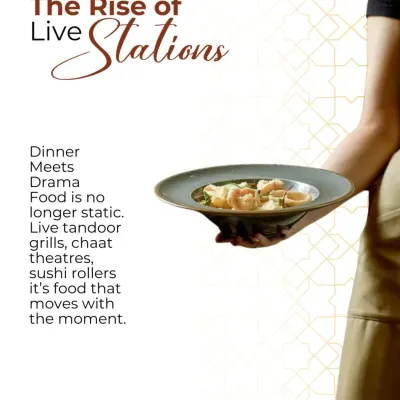 Food is no longer static. We believe in creating dinner and drama with live tandoor grills, chaat theatres, and sushi rollers, offering food that moves with the moment and engages your guests.