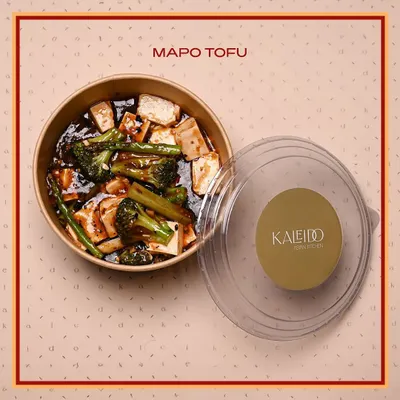 My Mapo Tofu, packaged and ready for delivery. This dish features my house-made silken tofu and fresh broccoli in a rich, spicy black bean and Sichuan peppercorn sauce.