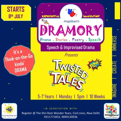 Unleash your child's imagination with our "Dramory" workshop. This flyer details our speech and improvised drama program, designed to build confidence, improve spoken English, and develop creative expression.