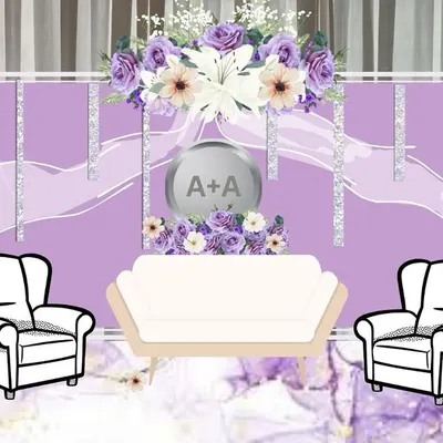A digital mock-up of a sophisticated reception stage in lavender and silver, showing the placement of seating, backdrops, and floral decor.