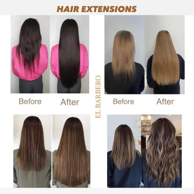 This collage shows several before and after examples of our permanent hair extensions. You can see the incredible difference in both length and volume.