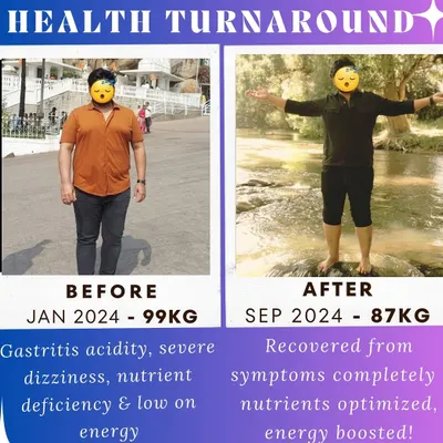 A powerful health transformation. This client not only lost 12 kgs but also completely resolved his chronic gastritis, acidity, and dizziness. This is the result of a dedicated journey with personalized nutrition to restore energy and optimize health.