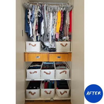 The 'after' of a complete wardrobe reset. We maximized the hanging space and used labeled bins to create a system where our client can see everything she owns, making getting dressed a joyful experience.