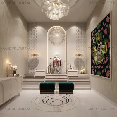 More than a mandir, it’s a feeling. This design concept features a serene space with an intricately detailed arch, a custom floor inlay, and soft, ambient lighting to create a quiet pulse of devotion within the home.