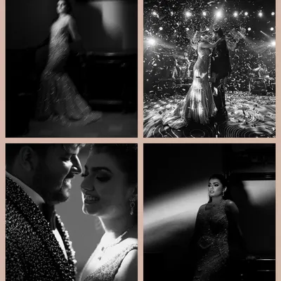 A collage of black and white images from Harshit and Kritika's cocktail night, capturing the mood, intimacy, and energy of the party.