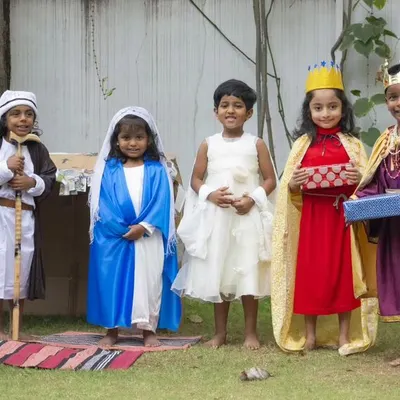 Our children dressed in full costume for the Christmas nativity play. This performance is a beautiful culmination of storytelling, collaboration, and celebrating the spirit of the season together.