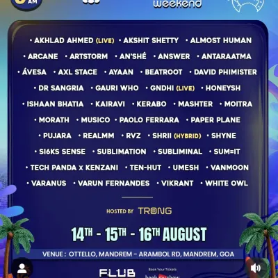 The massive lineup for Sunburn Weekender in Goa. I was super excited to be part of this Independence Weekend celebration, headlined by techno powerhouse Pablo Ferreira.