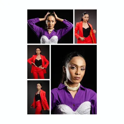 A collage from a model's studio shoot, showcasing different looks and powerful poses. My studio sessions are designed to be easy and creative, resulting in a diverse portfolio.