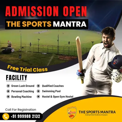 Admissions are open. This graphic highlights our key facilities, including the lush ground, personal coaching, bowling machine, and hostel. A free trial class is available for new students.