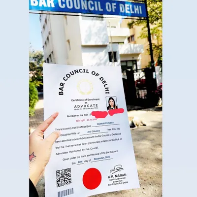 A pivotal moment in my career. This is my Certificate of Enrollment with the Bar Council of Delhi, officially marking my entry into the legal profession as an advocate.
