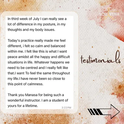 This student shares their feeling of finding peace and balance amidst life's difficulties. After just a few weeks of practice, they noticed a difference in their posture, thoughts, and body, and felt a sense of centeredness they had never experienced before.