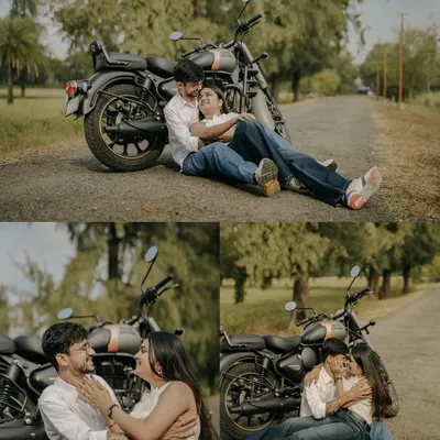 A collage of love on two wheels. These moments from a Royal Enfield pre-wedding shoot capture the couple's adventurous spirit and intimate connection on the open road.