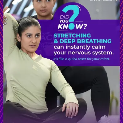 Did you know that stretching and deep breathing can instantly calm your nervous system? This is a core part of our philosophy. We believe in workouts that strengthen your body and reset your mind, like this moment captured from one of our guided stretching sessions.