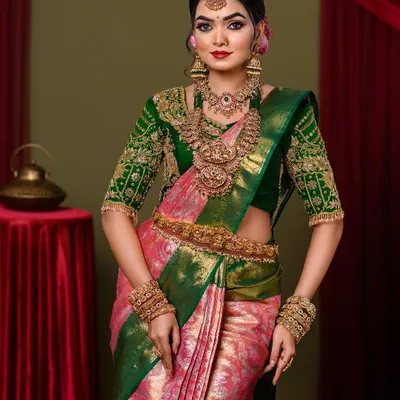 A full-length view of a stunning South Indian bride. We styled her in a beautiful pink and green Kanjeevaram saree with perfectly draped fabric and heavy temple jewellery.