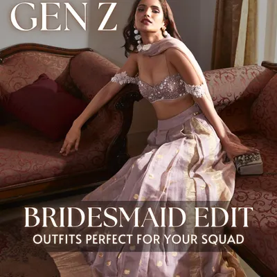 This is our Gen Z Bridesmaid Edit, featuring trendy and chic outfits perfect for the entire bride squad. This lavender lehenga with a sequined bralette and off-shoulder detail is a modern choice for a sangeet or reception.