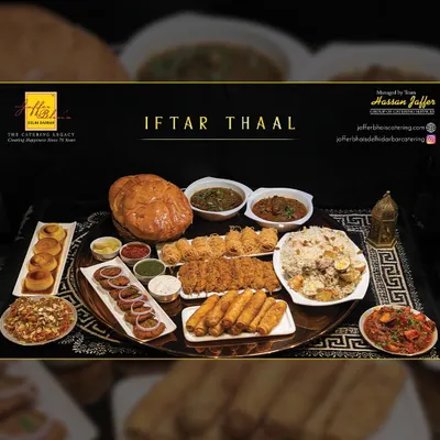 Our signature Iftar Thaal is a grand platter designed for sharing. It includes a variety of starters, a main course like biryani, curries, breads, and desserts, making it a complete festive meal.