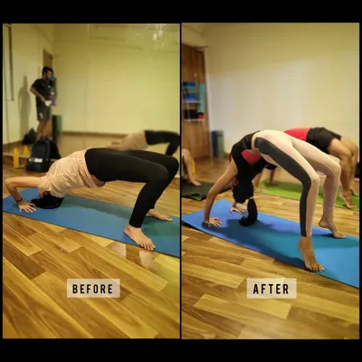 I love to see my students making progress. This before and after shows a student mastering Chakrasana, going from struggling to holding it with ease.