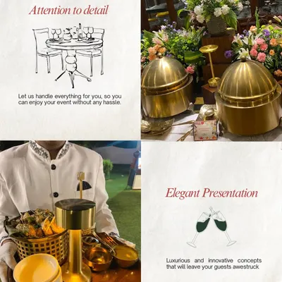 This collage encapsulates our core values: meticulous attention to detail and elegant presentation. From the table setting to the service, we handle everything so you can enjoy your event without any hassle.