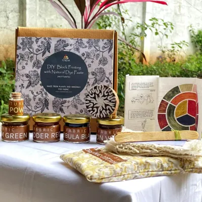 Our DIY Block Printing Kit comes with everything you need to create beautiful patterns on fabric. It includes natural dye pastes, a hand-carved wooden block, and organic cotton fabric for you to practice on.