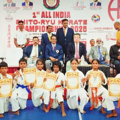 A wonderful group photo with some of my students and officials at the All India Shito-Ryu Karate Championship. Each student here showed great spirit and skill.