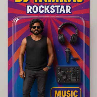 They put me in a toy box. This fun graphic shows me as the 'Rockstar' action figure, complete with my headphones, mic, and deck. The real thing is available for your events.