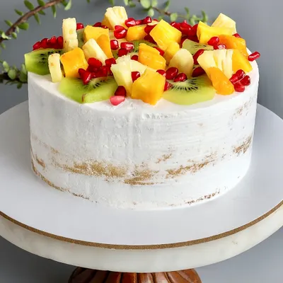 My Fresh Fruit Naked Cake is a celebration of seasonal goodness. I layer a soft vanilla sponge with silky diplomat cream and top it with a vibrant mix of fresh fruits like kiwi, pomegranate, and mango.