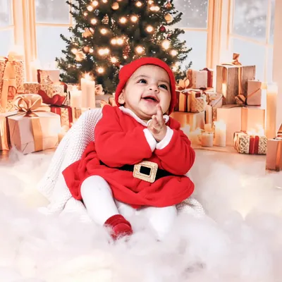 A joyful baby dressed as Santa, clapping with delight in our winter wonderland studio setup. These sessions are perfect for holiday cards.
