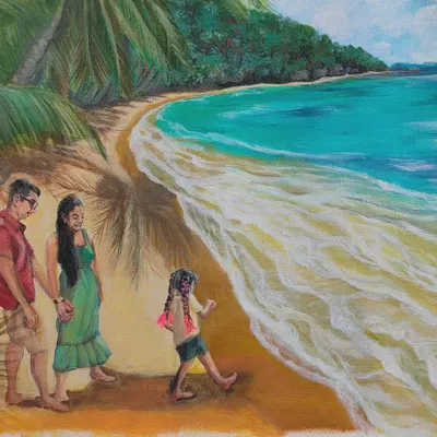A closer look at the family in the "Beach Panorama" painting. My goal was to capture the easy, happy connection between them as they walk along the shore.