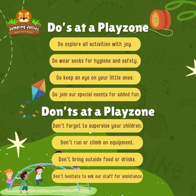 Some helpful Do's and Don'ts for visiting the play zone. Following these simple rules, like wearing socks and supervising children, ensures a safe and fun experience for everyone.