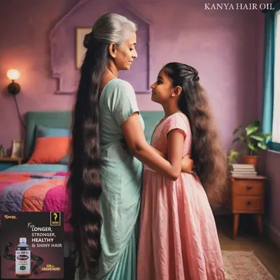 A beautiful moment between a grandmother and granddaughter, both with stunningly long hair. My oil is based on a legacy of hair care wisdom passed down through generations.