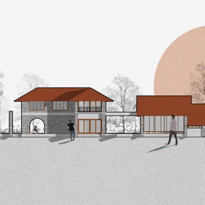 This is a conceptual elevation for a farmhouse in Bidadi, featuring stone walls and a traditional sloped roof. This design explores a more classic, grounded architectural style that connects with the surrounding landscape.