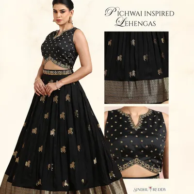 Our Pichwai-inspired lehengas are a blend of heritage and modern elegance. This graphic showcases the intricate golden motifs and the chic cut-out blouse of our black lehenga.