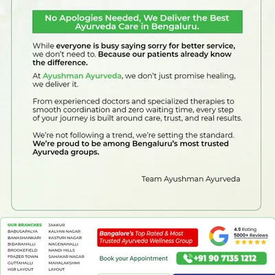 We set the standard in Ayurveda care. We do not need to apologize for our service because we focus on delivering excellence from the start. From experienced doctors to zero waiting time, every step of your journey with us is built on care, trust, and real results.