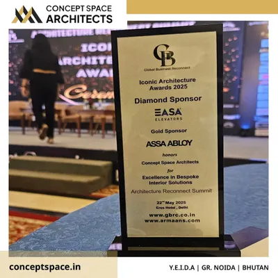 A close-up of our award for 'Excellence in Bespoke Interior Solutions' at the Iconic Architecture Awards 2025. This honor recognizes our ability to create unique, tailor-made interior designs.