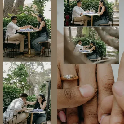 A love story that began in a cafe, captured in a collage that shows their journey from shared coffee to a shared life. This is a perfect example of a modern pre-wedding narrative.