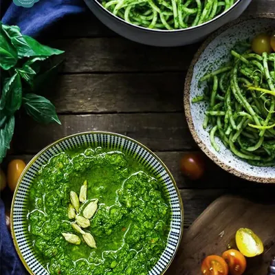 A beautiful bowl of my freshly made Basil Pesto, ready to be tossed with spaghetti. I never use preservatives or stabilizers, so you only taste pure, unadulterated basil love.